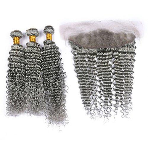 General Cloud Hair Pure Grey Deep Wave Brazilian Hair Bundles with Frontal Silver Grey Deep Wavy Human Hair Wefts 3 Bundles with Full Lace Closure 13x4 Gray Colored Hair Weaves (12 14 16 with 10)