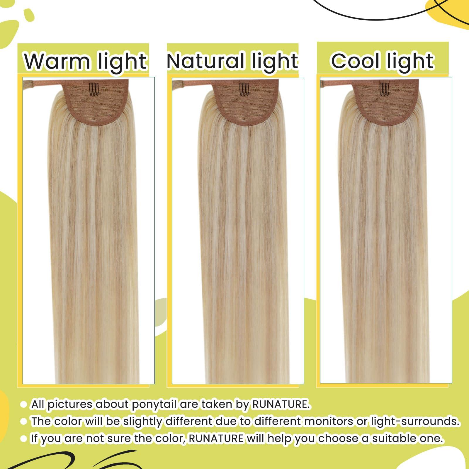 RUNATURE RUNATURE Human Hair Ponytail Extension 18 Inch Ash Blonde with Platinum Blonde Ponytail Extension Human Hair with Magic Paste Full Ends Long Real Hair Ponytail Extensions Wrap Around Thick 80g