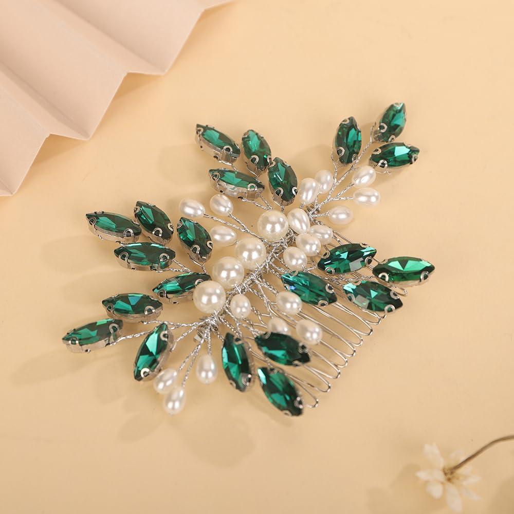 Teyglen Teyglen Emerald Green Rhinestone Wedding Hair Comb Bridal Pearl Crystal Hair Comb Hair Accessories for Bride Headpiece Hair Piece for Women (Peacock green)