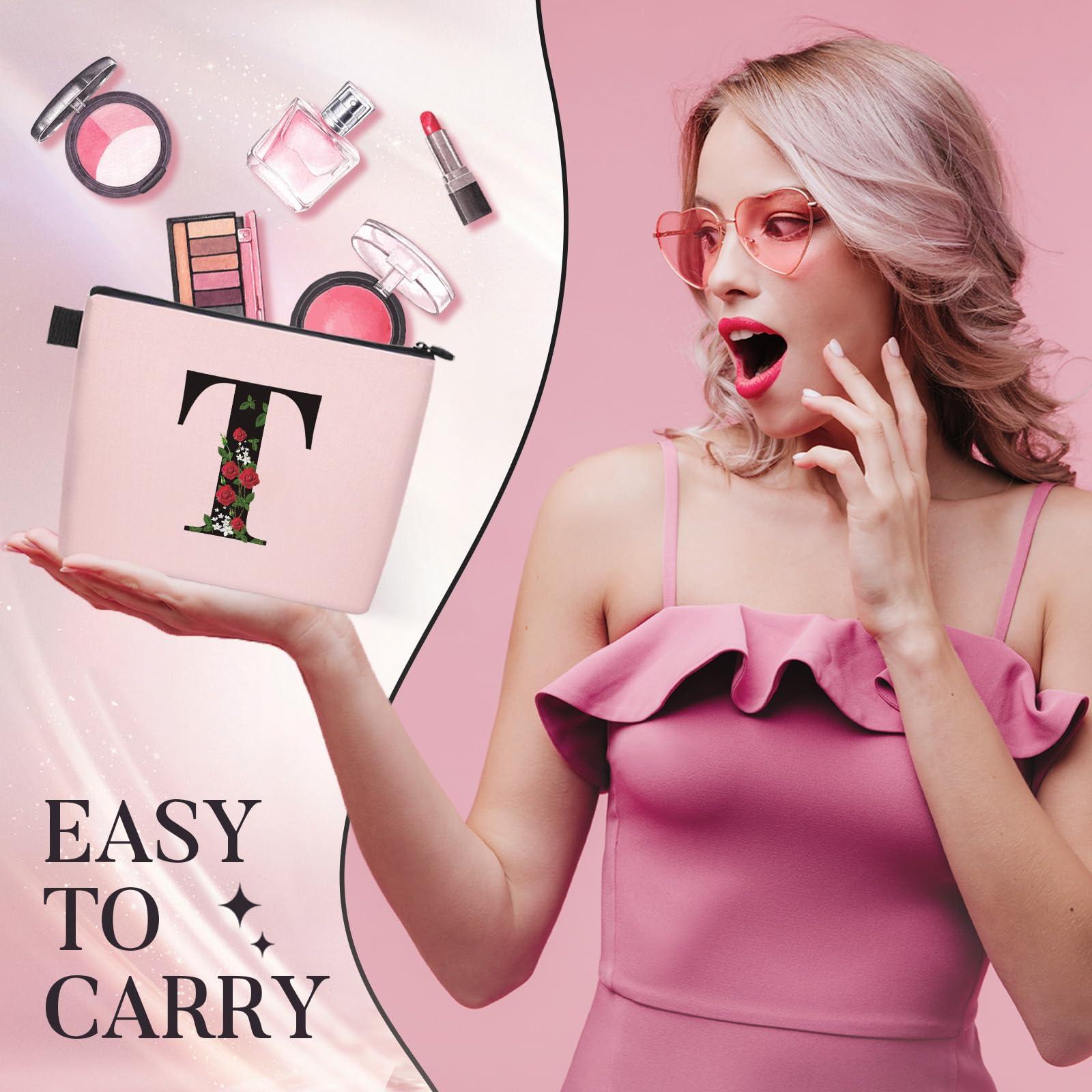 YESMET Personalized Makeup Bag, Initial Letter T Makeup Bag for Women Girl Christmas Gift Monogram Cosmetic Bag Pink Personalized Toiletry Pouch, For Mom Grandma Sister Friends Thanksgiving Christmas Gift