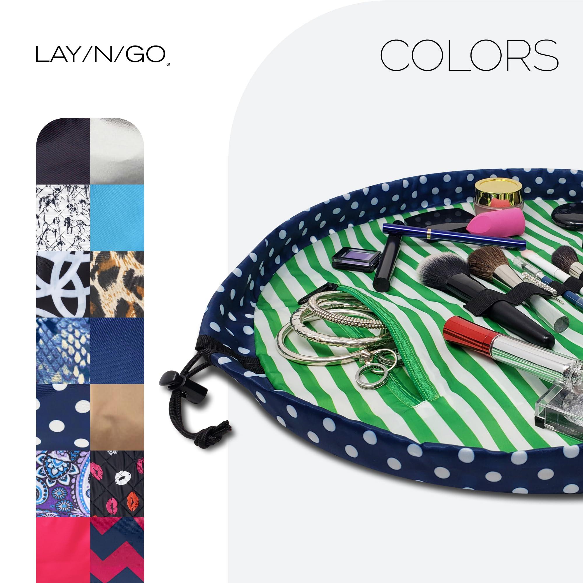 Lay-n-Go Lay-n-Go Cosmo Drawstring Cosmetic & Makeup Bag Organizer - Portable Drawstring Makeup Bag w/Zipper Pocket, Makeup Loops & More - Durable, Machine Washable Makeup Bag for Travel (20, Navy/Green)