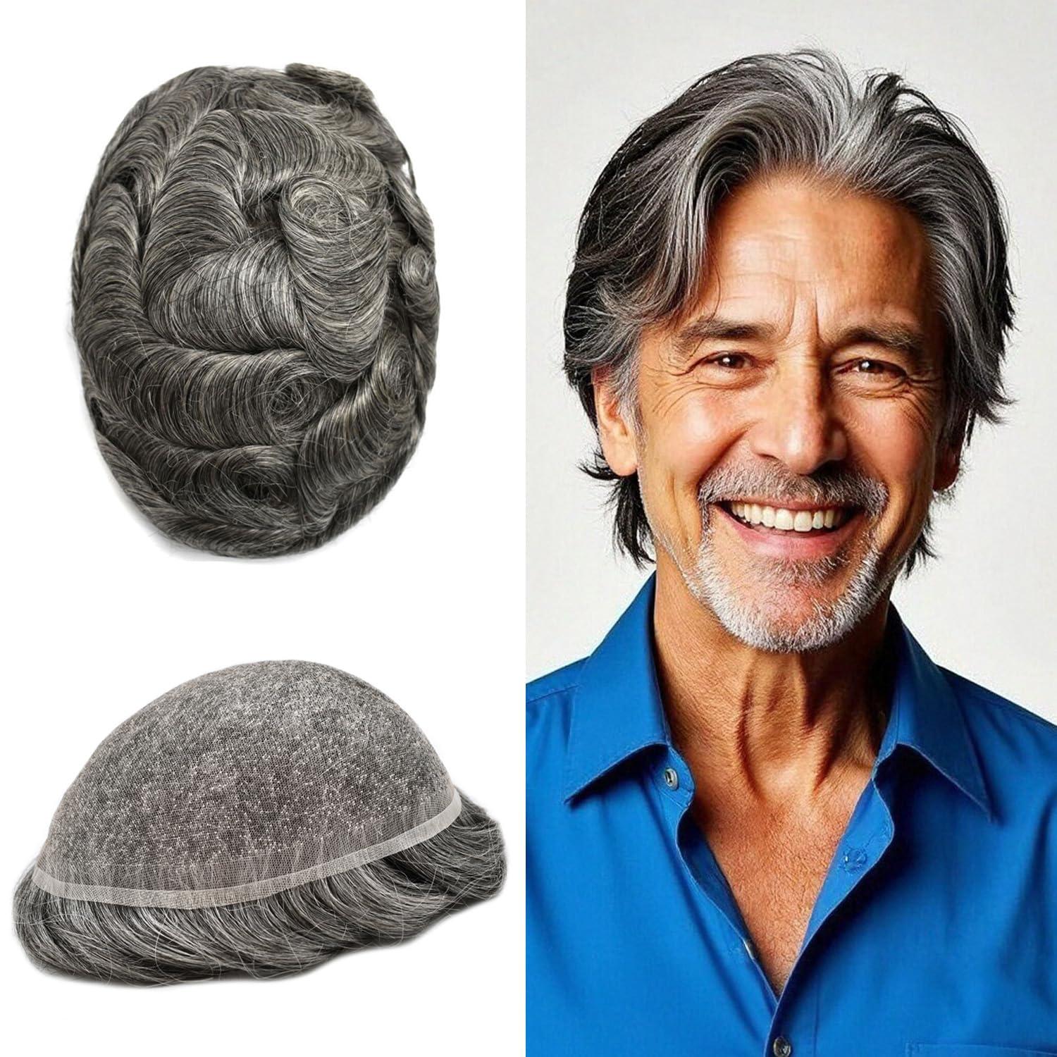 Hair Wonders Toupee For Men Real Human Hair Mens Toupee Hair Replacement System Swiss Lace Hair Piece For Men Hair System6x9\"-100% light to medium density#1B60 1B# OFF BLACK+60% GREY