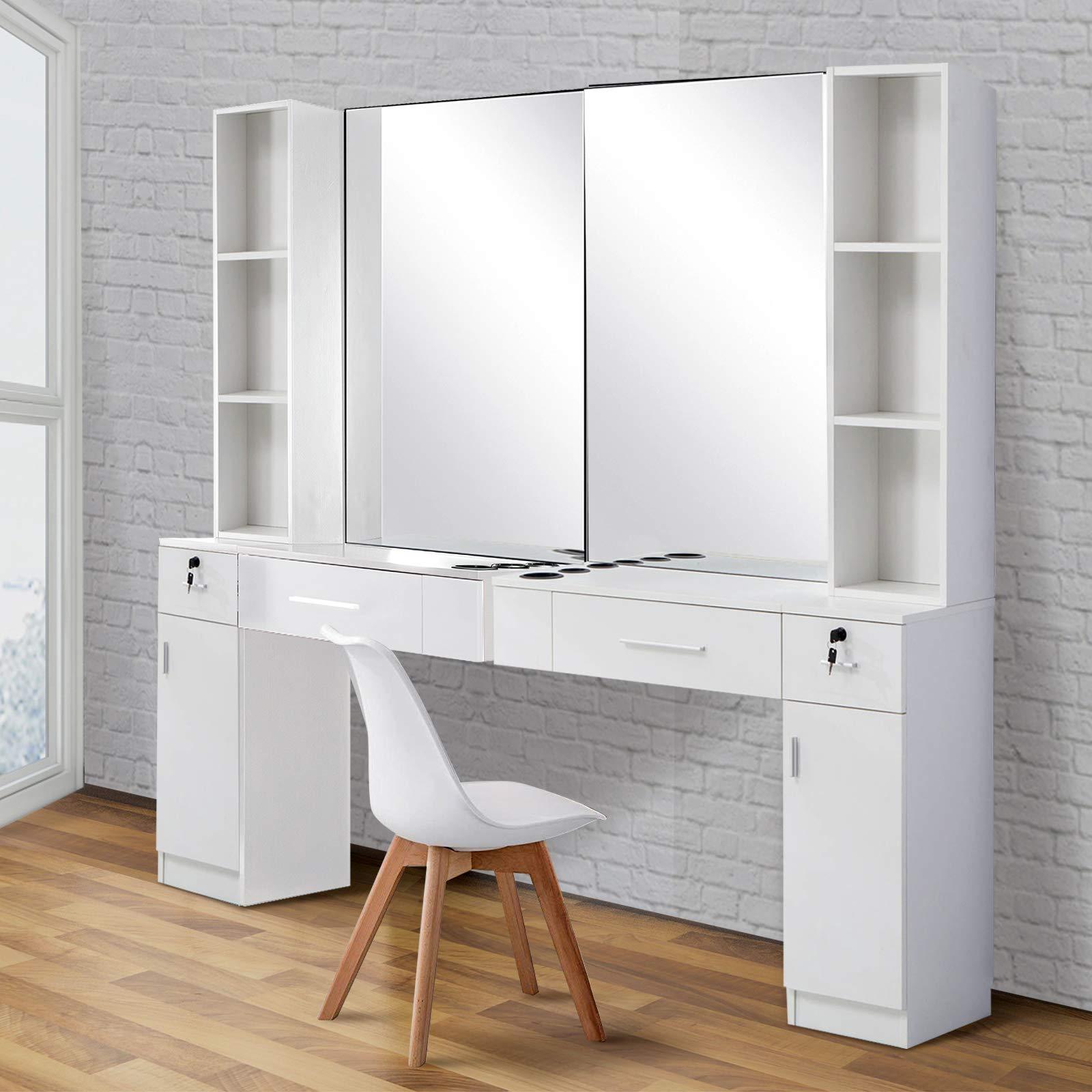 BarberPub BarberPub Wall Mount Barber Station with 6 Hair Dryer Holders Salon Hair Styling with Mirror Dressing Table Beauty Salon Spa Equipment Set 3026+3036 (White)