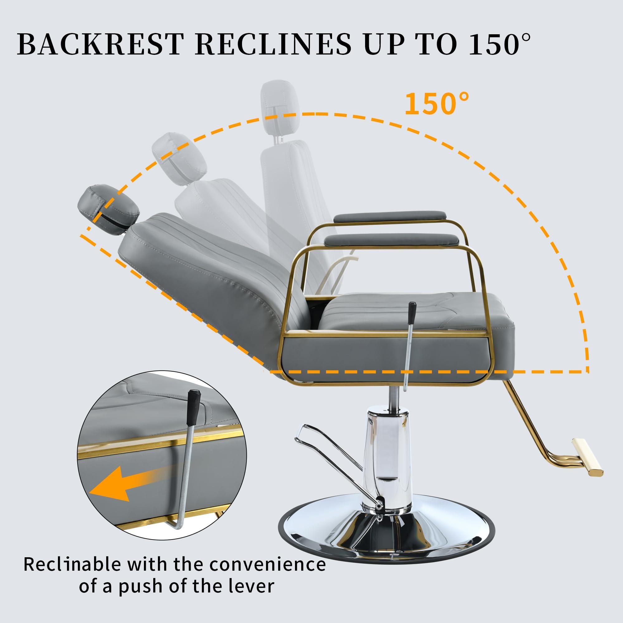 Zeewoo Reclining Barber Chair, with Heavy Duty Hydraulic Pump, Adjustable Backrest and Headrest, 360 Rotation, for Hair Stylist Tattoo Chair Shampoo Beauty Salon Equipment, Max Load Weight 400 Lbs, Gray