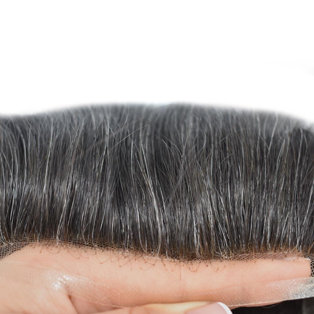 Generic Generic Swiss Lace Mens Toupee Hair Replacement System Full Lace European Hair Toupee For Men Natural Men Hair System (1B20# Off Black with 20% Synthetic Grey, 7x9\'\'-120% Med-light to Medium density