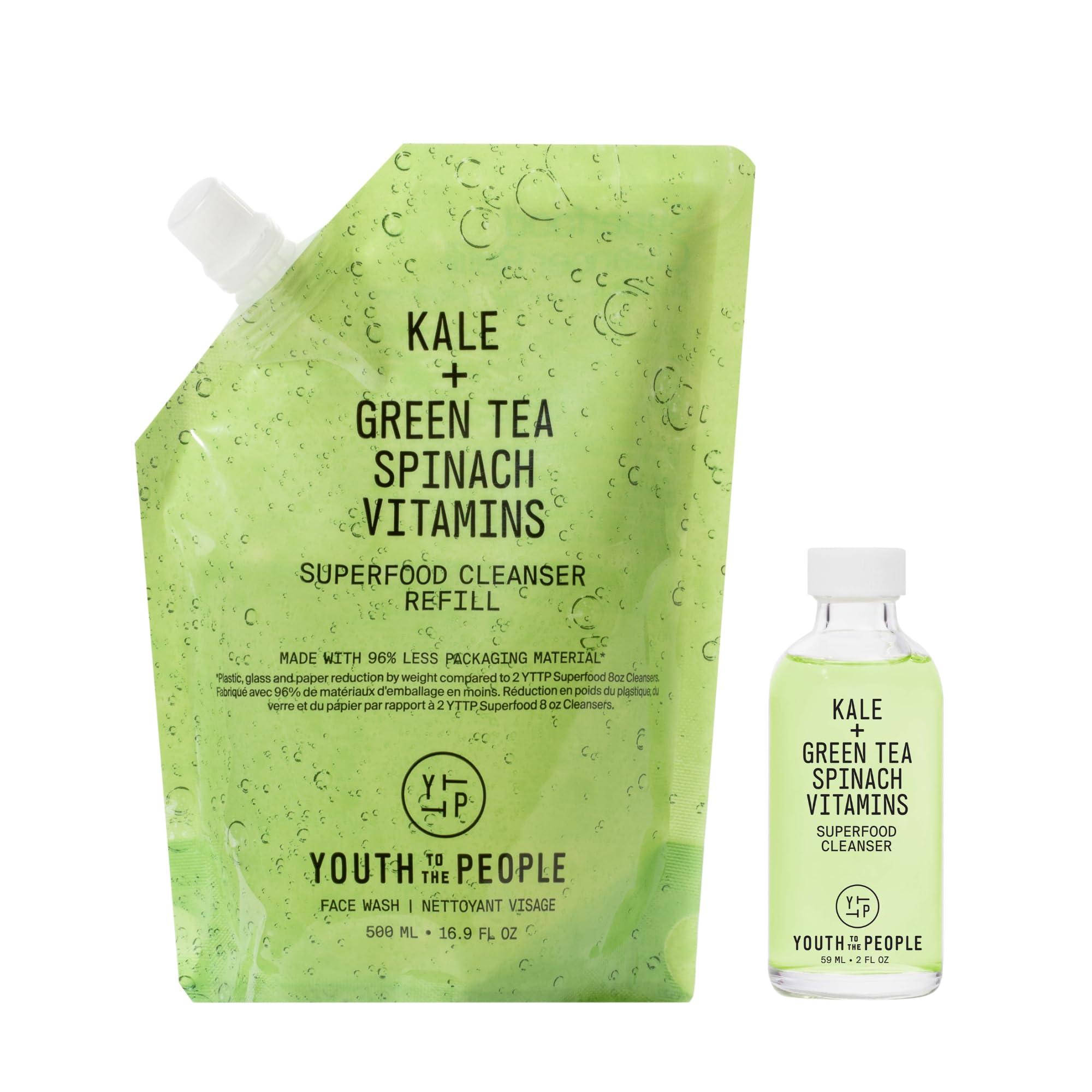 Youth To The People Youth To The People Superfood Cleanser Travel Refill Bundle Set, Kale + Green Tea Face Cleanser (2oz) + (16oz Refill Pouch), Award-Winning Face Wash, Makeup Remover, All Skin Types