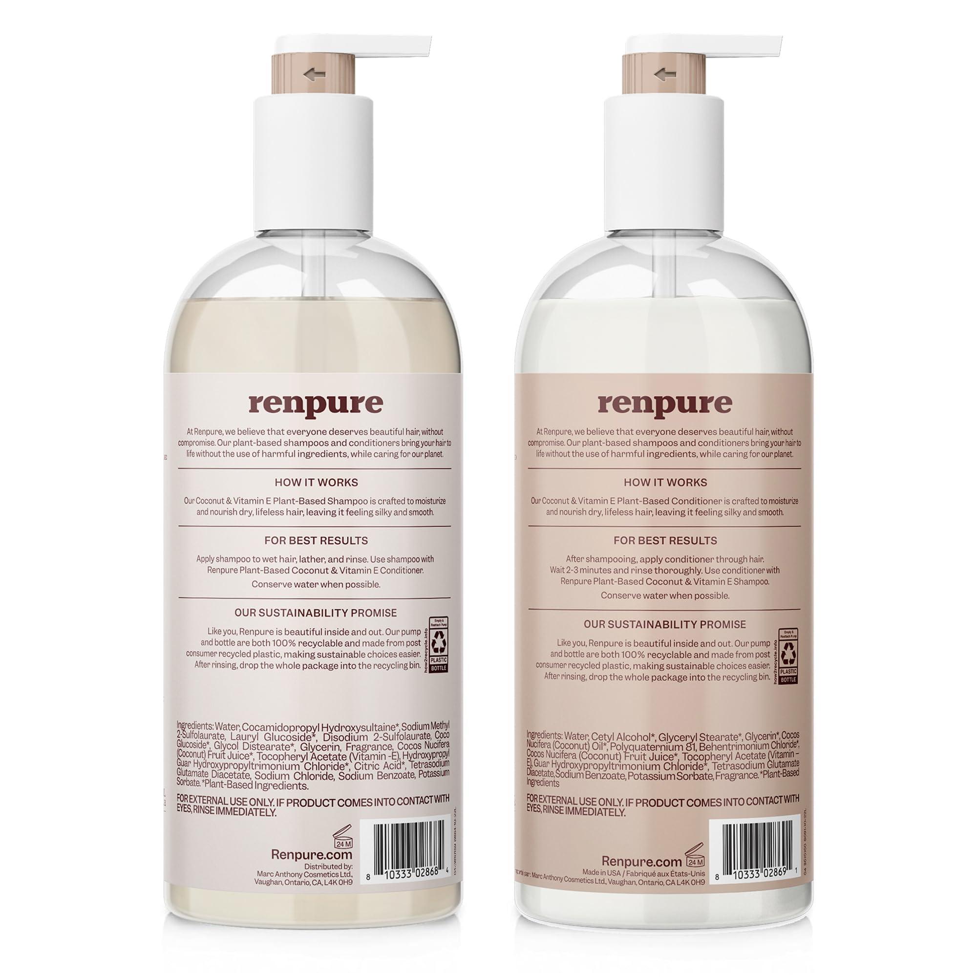 RENPURE Renpure Coconut & Vitamin E Shampoo & Conditioner Set, Plant-Based Nourishes & Seals In Moisture For Soft, Healthy Hair For Dry, Lifeless Hair Coconut Oil & Vitamin E - 24 Fl Oz each, 2 Pack