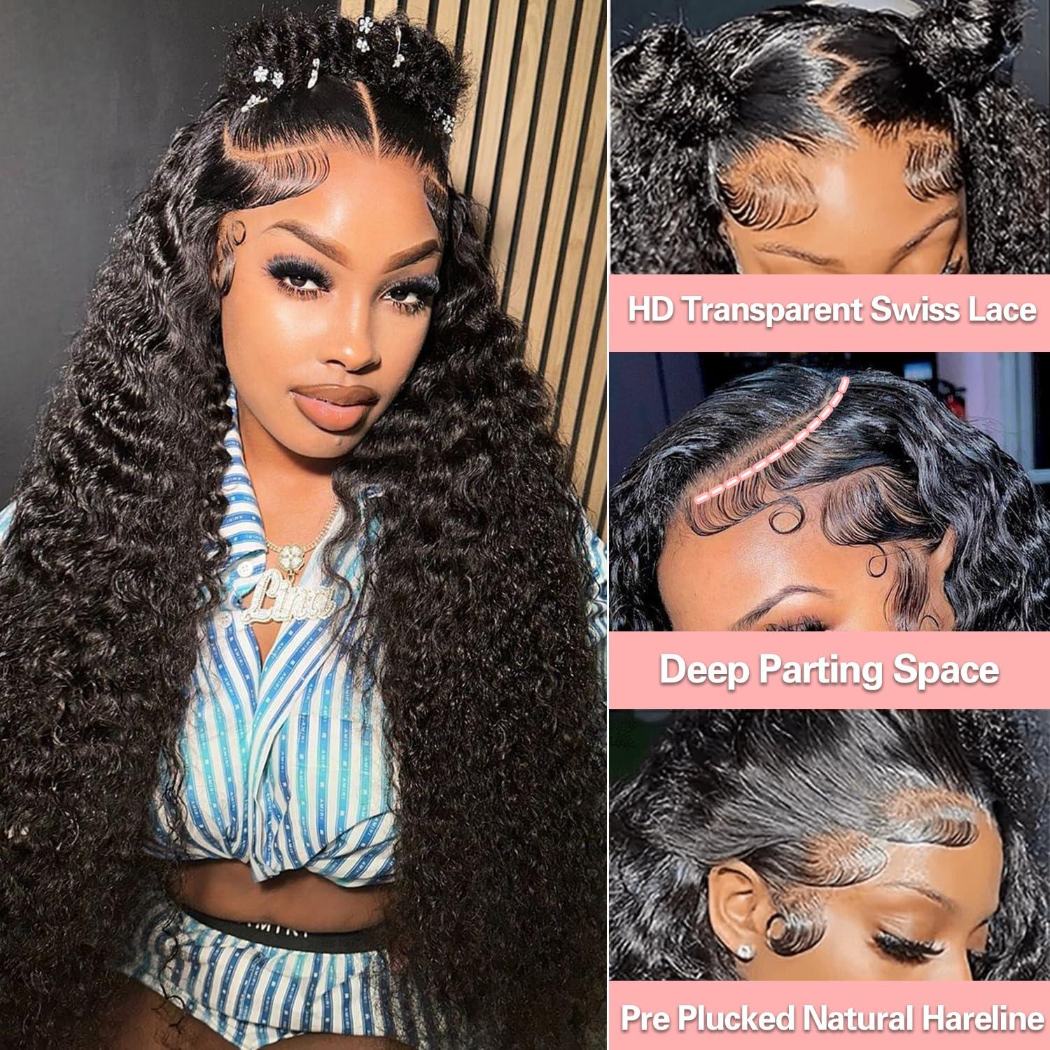 crownew 32 Inch 13x4 Hd Lace Front Wig Human Hair 180% Density Water Wave Lace Front Wigs Human Hair Pre Plucked With Natural Hairline Deep Wave Curly Frontal For Women Wet And Wavy Glueless Tangle Free