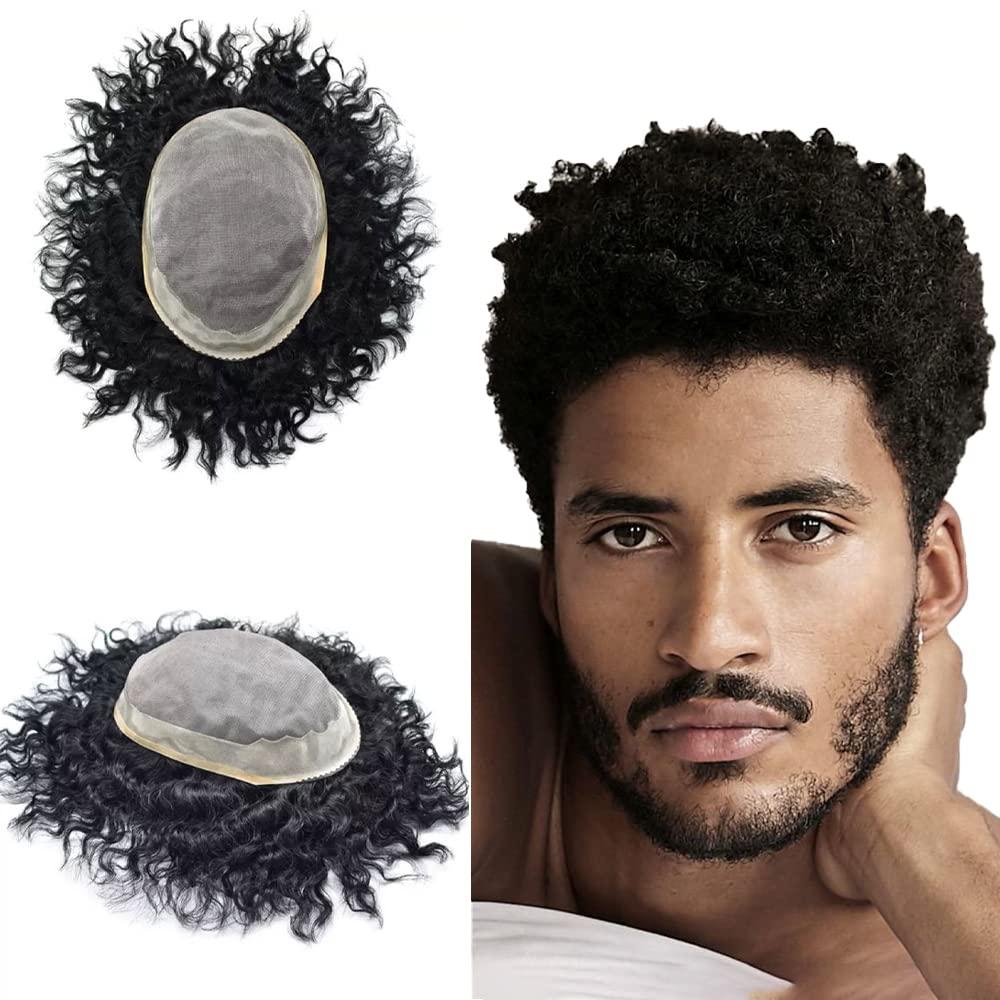 LHC HAIR Man Weave Hair Unit Afro Toupee For Black Men African American Human Hair System Kinky Curly Wavy Afro Mens Toupee Bleached AFRO TOUPEE-AAA-1 0
