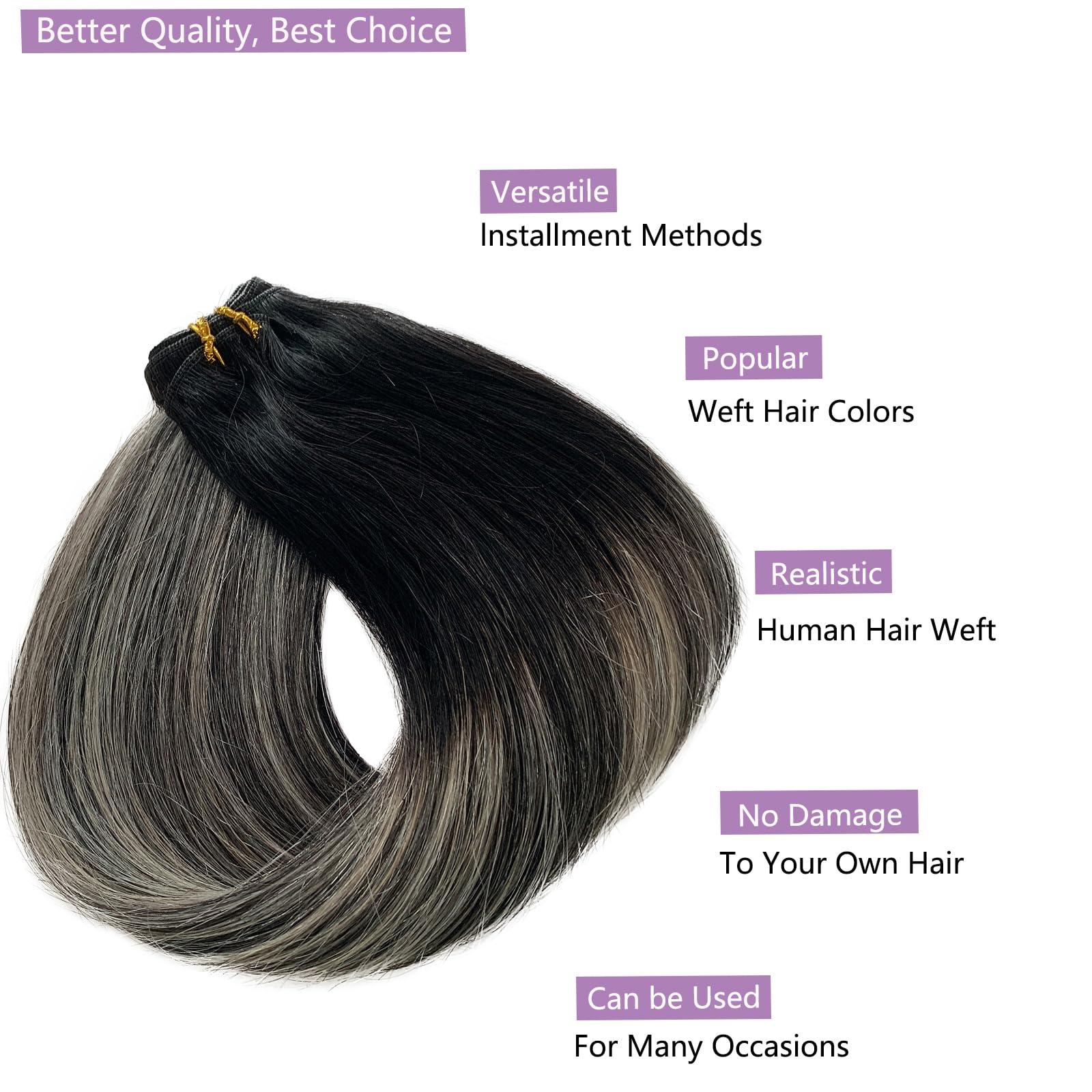 Licoville Black to Silver Grey Balayage Hair Extensions Human Hair Weft Hand Tied Sew in Hair Extensions 18 Inch 100G Straight Natural Sew in Black Silver Grey Human Hair Extensions 2-3 Packs for Full Head