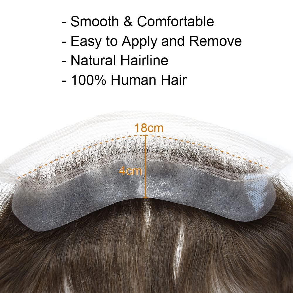 Curve Hair Lace Front Mens Receding Hairline Human Hair System Natural Mens Frontal Hairpiece V-Shape Thin Skin Poly Pu Forehead Replacement (4cmX18cm, 2 Darkest Brown-90% Light Density)