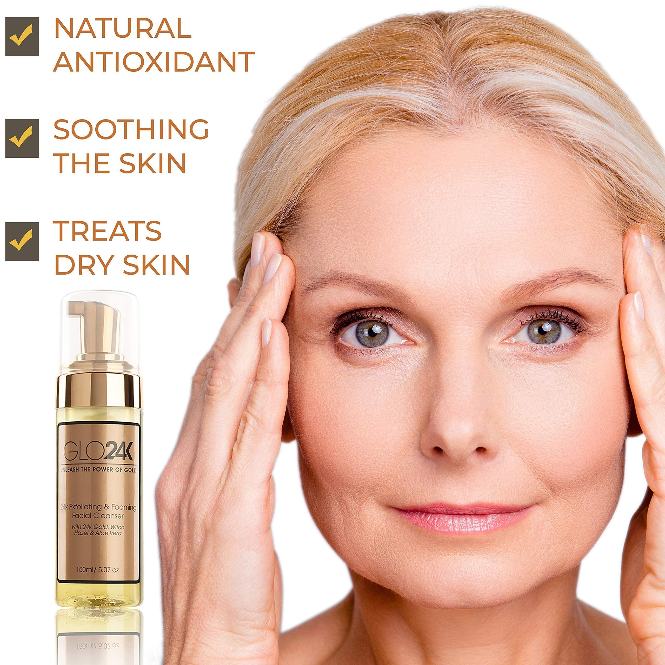 GLO24K UNLEASH THE POWER OF GOLD GLO24K Exfoliating & Foaming Facial Cleanser with 24k Gold, Witch Hazel, and Aloe Vera