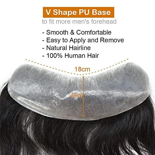 Curve Hair Invisible Mens Receding Hairline Human Hair Replacement System Mens Hairline Toupee V-Loop Skin PU Frontal Hairpiece Natural V-Shape (4cmX18cm, 3 Dark Brown)