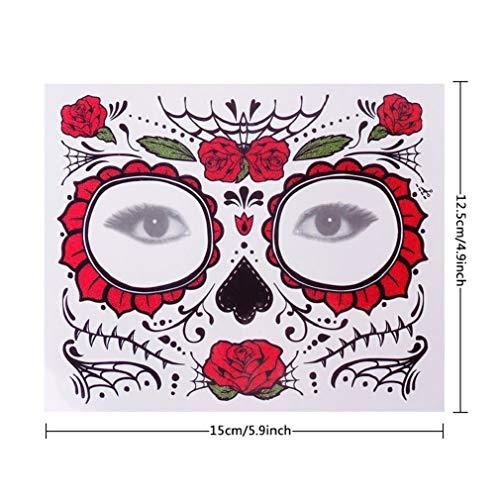 BPNHNA 4 Pack Day of The Dead Sugar Skull Face Temporary Tattoo Halloween Makeup Tattoo Stickers for Halloween Masquerade Party(Floral, Red Roses,Black and Floral Skeleton)
