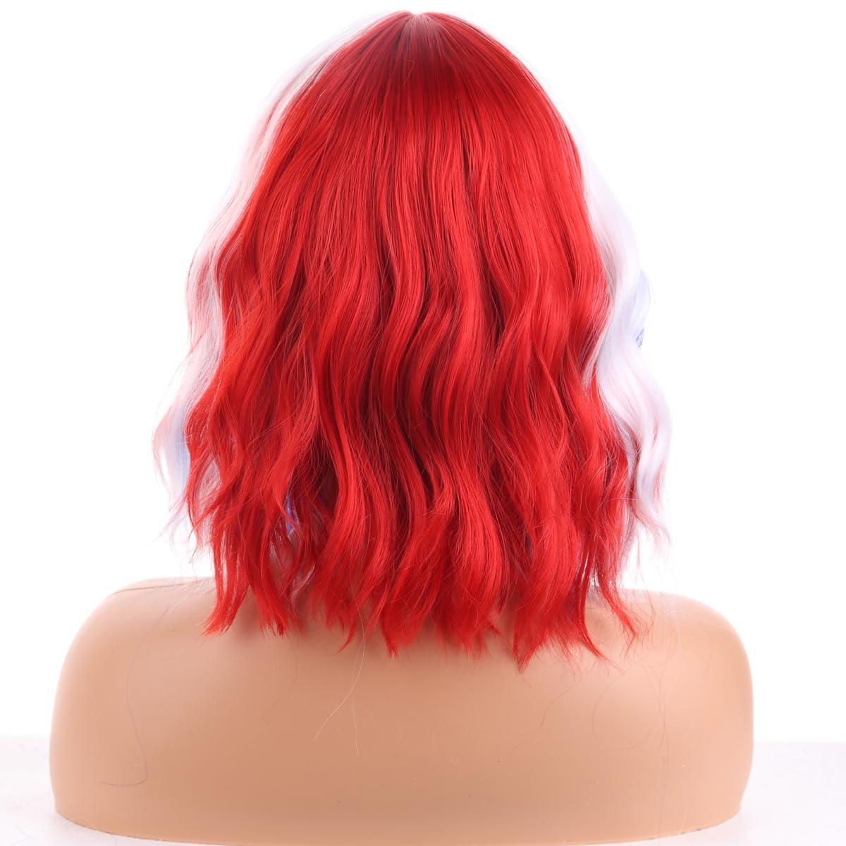 MAGQOO MAGQOO Blue Red White Wig Red Blue White Bob Wig 4th of July Wig Flag Wig White Red Blue with Bangs Short Curly Wavy Blue White Red Wig Cosplay Costume Wig