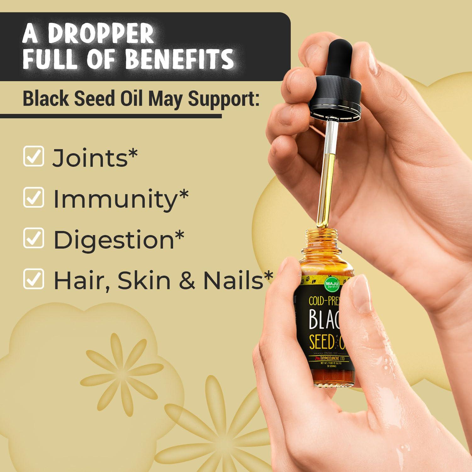 Maju Superfoods Maju Superfoods Black Seed Oil - 3 Times TQ, Cold-Pressed, Travel Size, 100% Turkish Black Cumin Seed Oil, Liquid Pure Blackseed, Glass Bottle, 2 Oz