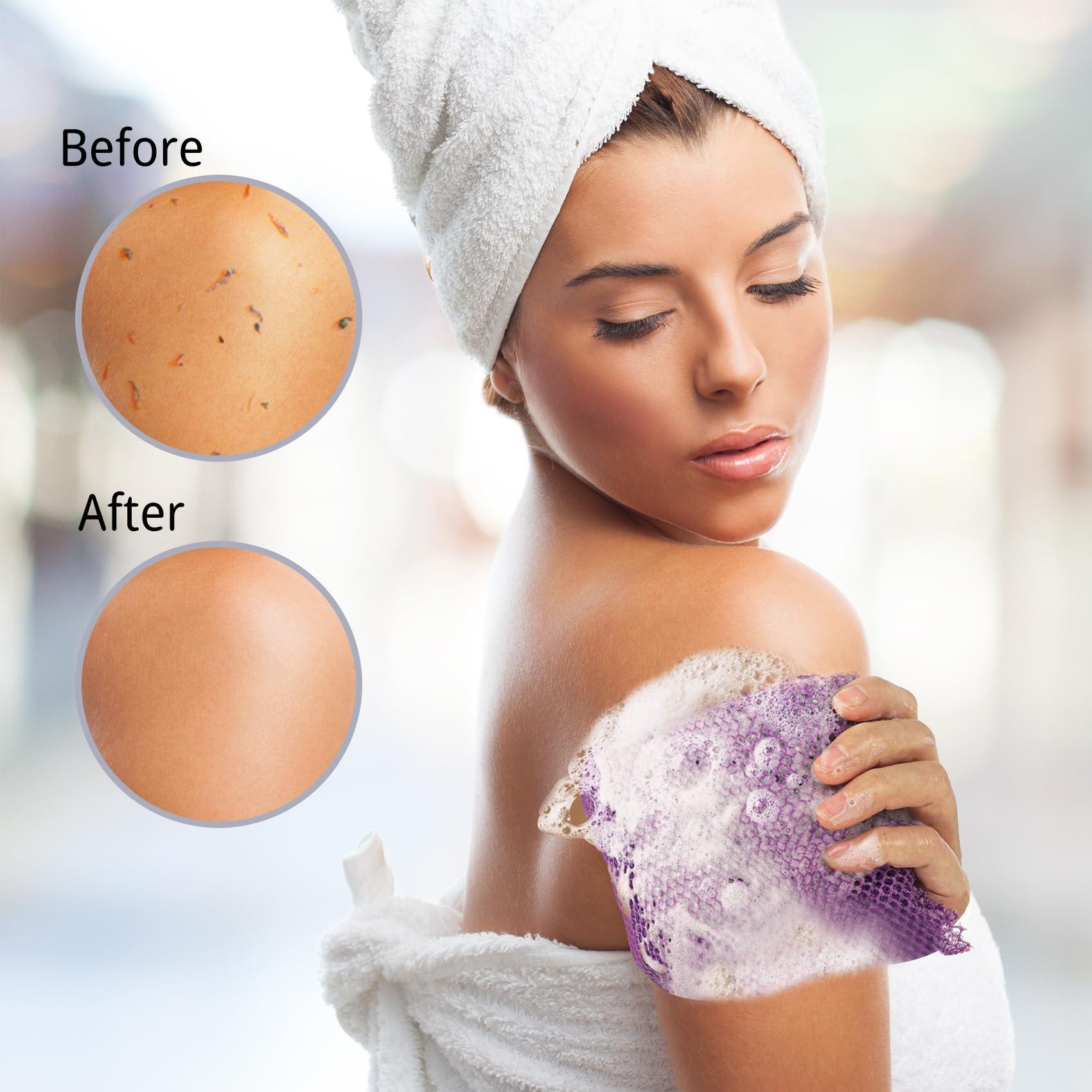 QIANCAIWANG 2 Pack African Net Sponge, 8 * 25 Inches Bath Sponge, African Exfoliating Net Long, Wash Cloths, Body Scrubber Net for Skin Smoother (Purple)