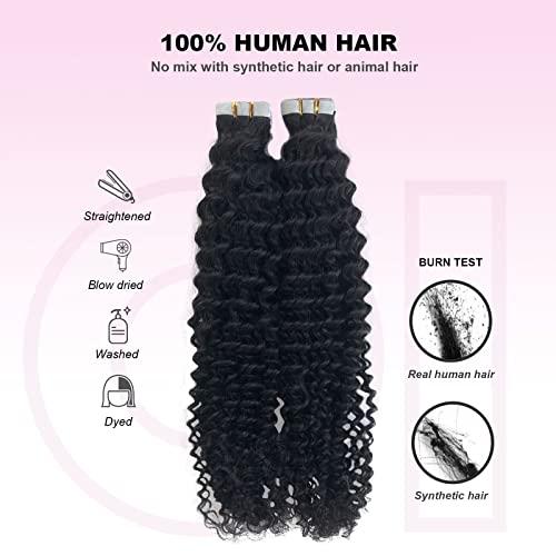 OiMiGO Natural Black Curly Hair Extensions, 40 Pieces 100g OiMiGO Brazilian Human Hair Kinky Curly Tape in Extensions 3C 4A Tape ins Extension for Black Women 22 Inch Soft Curly Tape Extensions Real Hair
