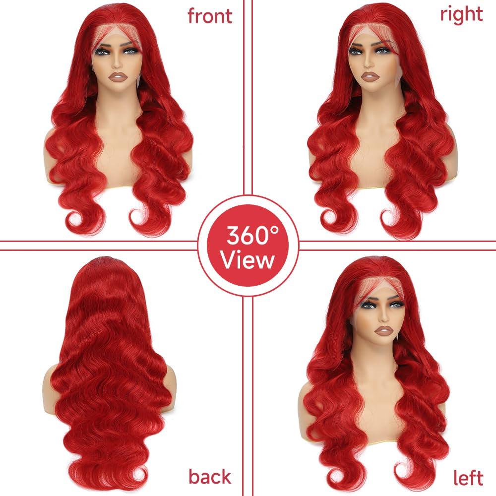 Avolo Avolo 13x4 Red Human Hair Wigs 32 Inch Red Colored Human Hair Lace Front Wigs Body Wave Red Lace Front Wig Human Hair Pre Plucked Red Wig Human Hair With Baby Hair 180% Density Glueless Wig