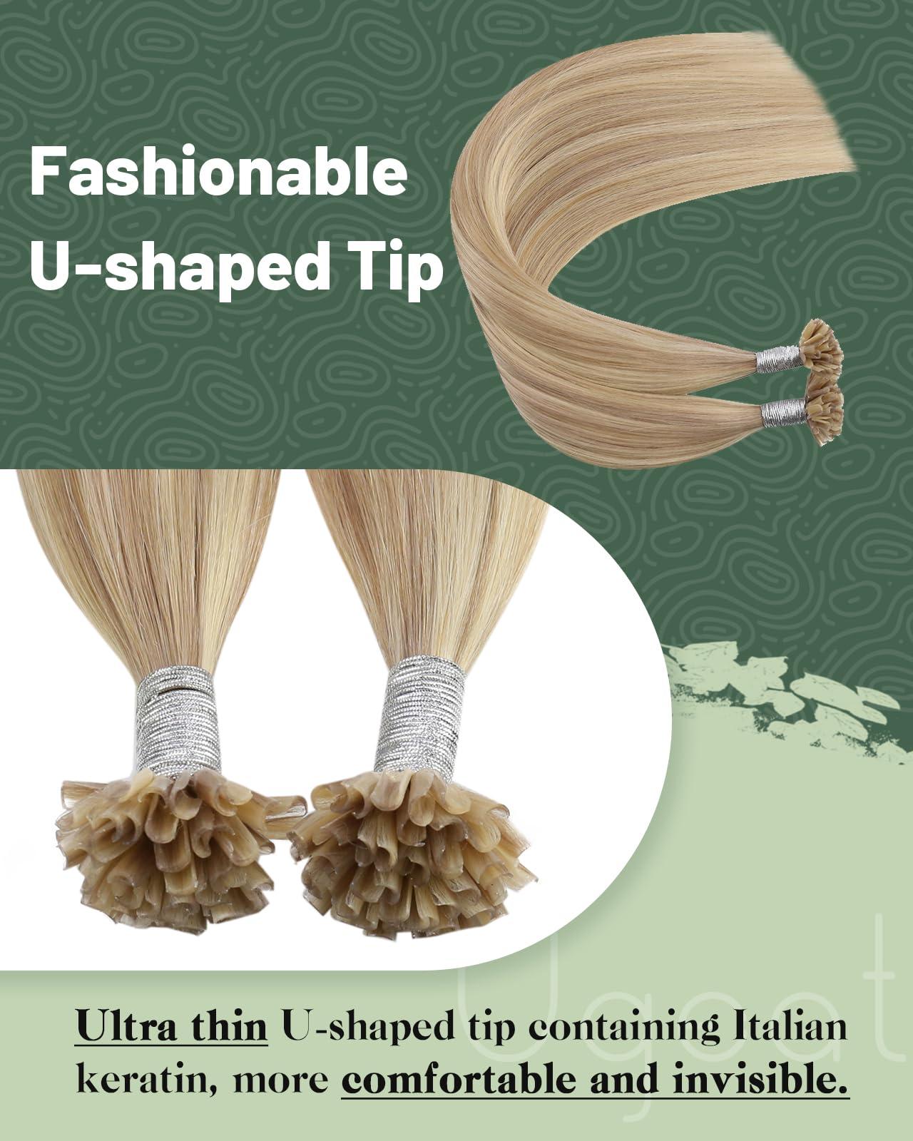 Ugeat Ugeat Utip Human Hair Extensions Dark Ash Blonde Highlights Golden Blonde U Tip Keratin Bond Hair Extensions for Women Add Length No Shedding 22 Inch 50G 50S