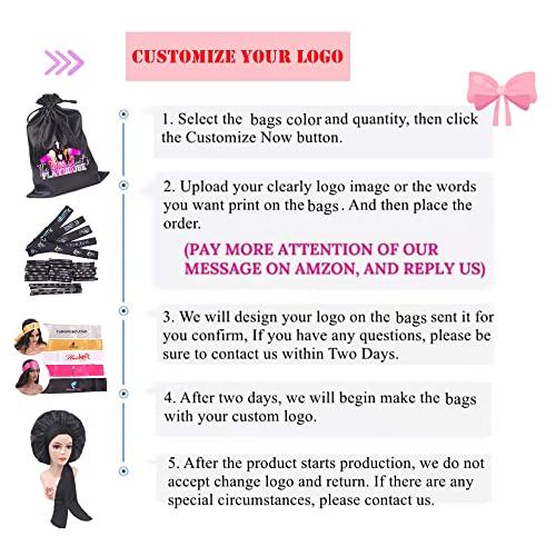 Ecojunmi Custom Printed Wig Storage Satin Bags with Drawstring, 20-100 Pcs/Lot Personalized Logo Silk Hair Bag For Hair Bundles Headband Wig Lace Wig, Pouches Gift Bags Cosmetic Bags (50Pcs/Lot, White)
