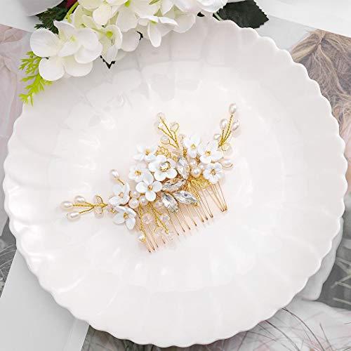 Barode Barode Bridal Wedding Hair Comb Flower Silver Sparkly Rhinestone Side Combs Crystal Bride Leaf Pearl Hair Accessories for Women and Girls (Gold)