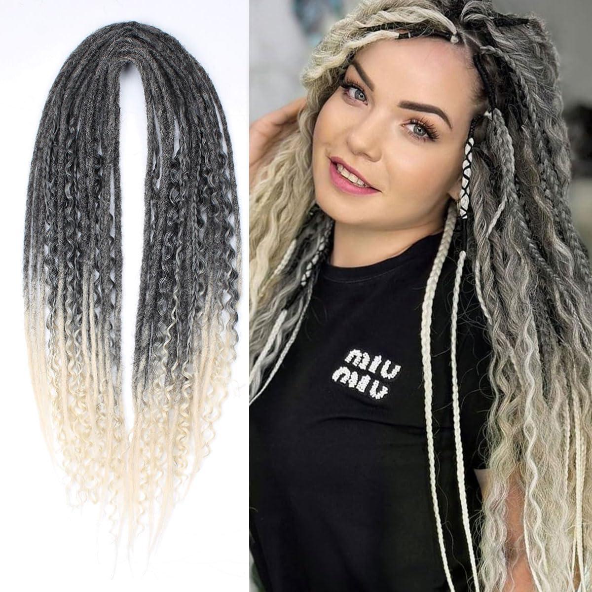 KRALER KRALER 24 Inch Mixed DE Dreadlock Extensions Sets, 3 in 1 20 Strands Synthetic Double Ended Dreads Extensions, Gray to Blonde Hippie Crochet Dreads Style for Girls