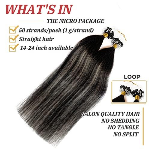 Smavida Ombre Black Hair Extensions Micro Loop Human Hair,Balayage Ombre Off Black to Grey Silver Remy Human Hair Extensions Ombre Long Straight Micro Ring Hair Extensions for Women 50g 1g/strand