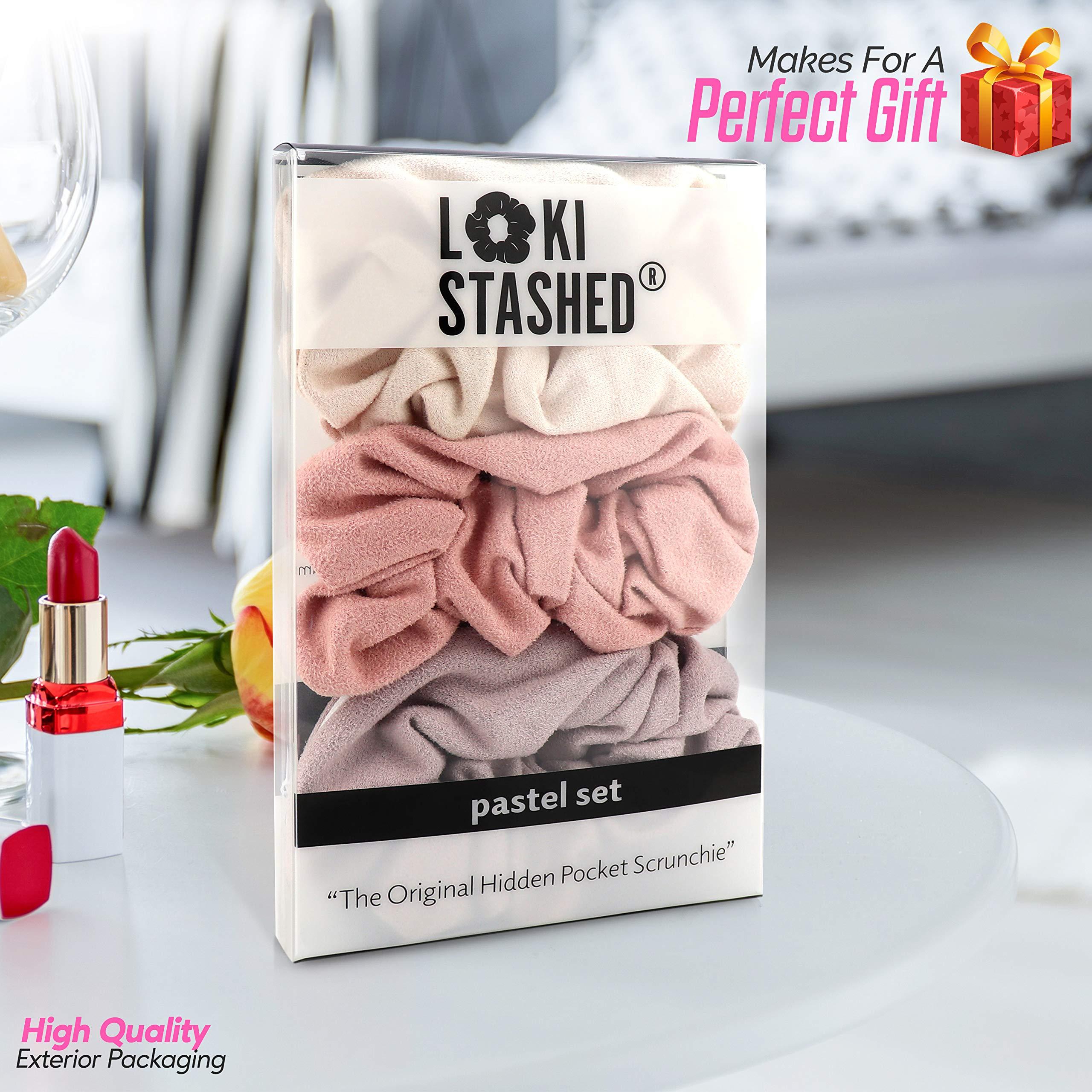 LOKISTASHED LokiStashed 3-PACK Suede Hair Tie Scrunchies for VSCO Girls & Women, THE ORIGINAL HIDDEN POCKET SCRUNCHIE with Zipper Pocket Storage, Accessories, Small Items, Keys, Money (Pastel)