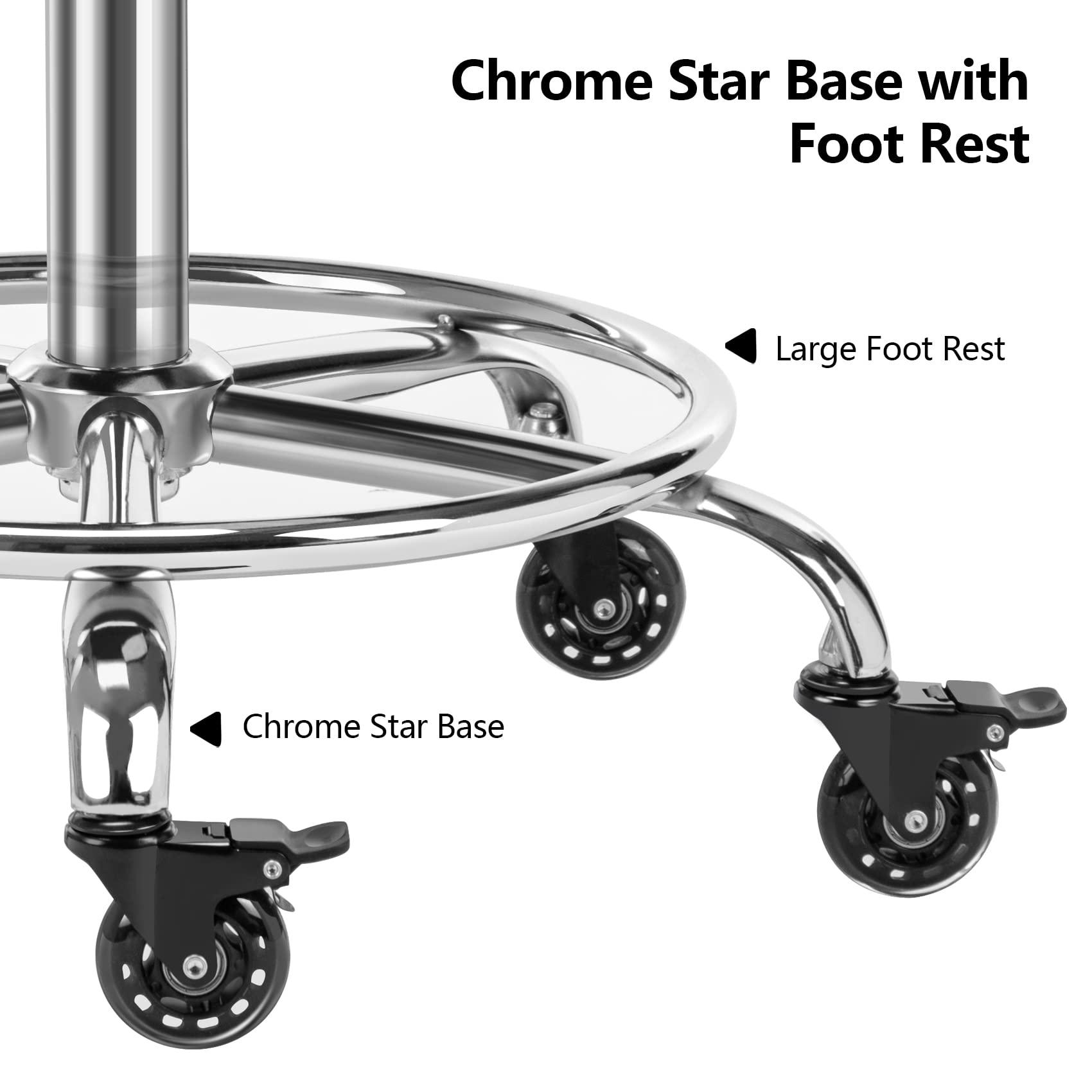 CoVibrant CoVibrant Heavy Duty Adjustable Rolling Stool with Noiseless Wheels, Dual Brakes, Footrest & Swivel - 20"-27" Height - for Kitchen, Medical, Salon, Tattoo, Office, Home (Black)