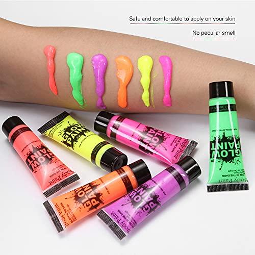 Entweg Glow in The Dark Body Paint,Entweg 24 Tubes 10Ml/0.34Oz Art Body Paint Glow in Uv Light Face & Body Paint with 6 Colors Glow Blacklight Neon Fluorescent for Party Clubbing Festival Halloween Makeup