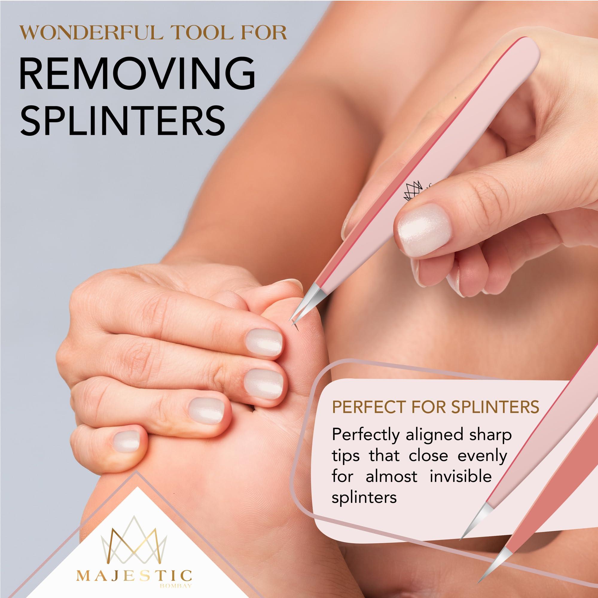 Majestic Bombay Surgical Tweezers for Ingrown Hair - Precision Sharp Needle Nose Pointed Tweezers for Splinters, Ticks & Glass Removal - Best for Eyebrow Hair, Facial Hair Removal (Light Pink)