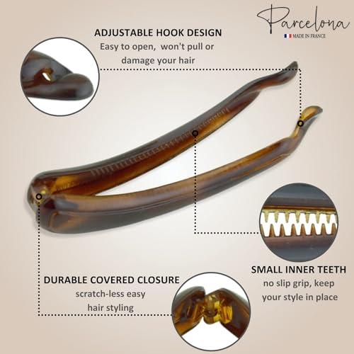 Parcelona Parcelona French Plain Curve 4 1/4 Tortoise Shell Brown Celluloid French Banana Hair Clip Flexible Ponytail Holder Fashion Durable Styling Paris Hair Accessories for Women, Made in France