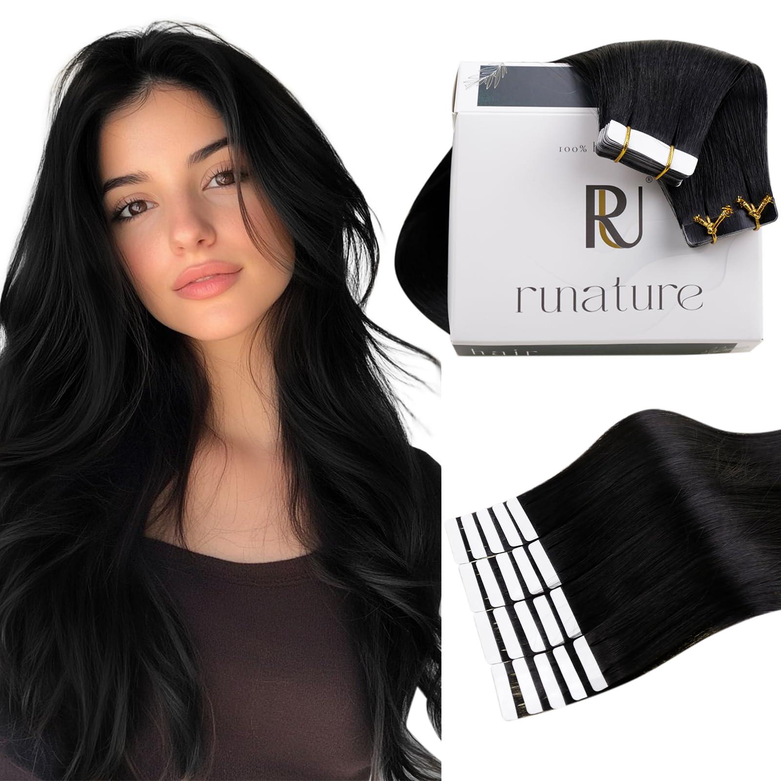 RUNATURE RUNATURE 26 Inch Tape ins Human Hair Extensions Jet Black Real Hair Tape in Extensions Human Hair Long Tape in Hair Extensions Full Ends Straight Glue in Hair Extensions Silky 50 Gram 20 Pieces