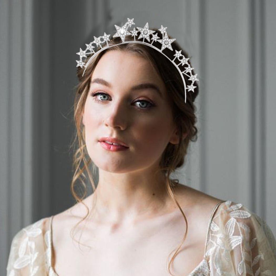 CAKURE CAKURE Star Halo Crown Headband Silver Rhinestone Celestial Wedding Tiaras Crystal Mary Headpiece Party Wedding Hair Accessories for Women and Girls