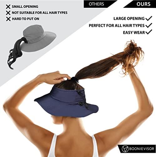 BOONIEVISOR BOONIEVISOR Topless Sun Hat Wide Brim for Ponytail, Curly Hair, Messy Bun, Dreadlocks (Black)