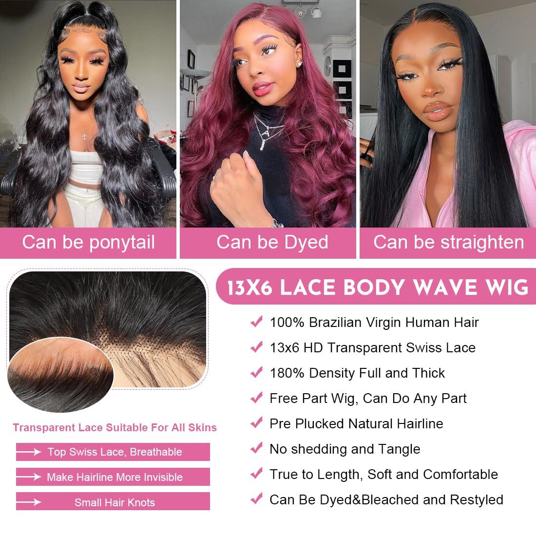 WXG 26 Inch 13x6 Body Wave Lace Front Wigs Human Hair Pre Plucked HD Transparent Lace Frontal Glueless Wigs Human Hair with Baby Hair for Women