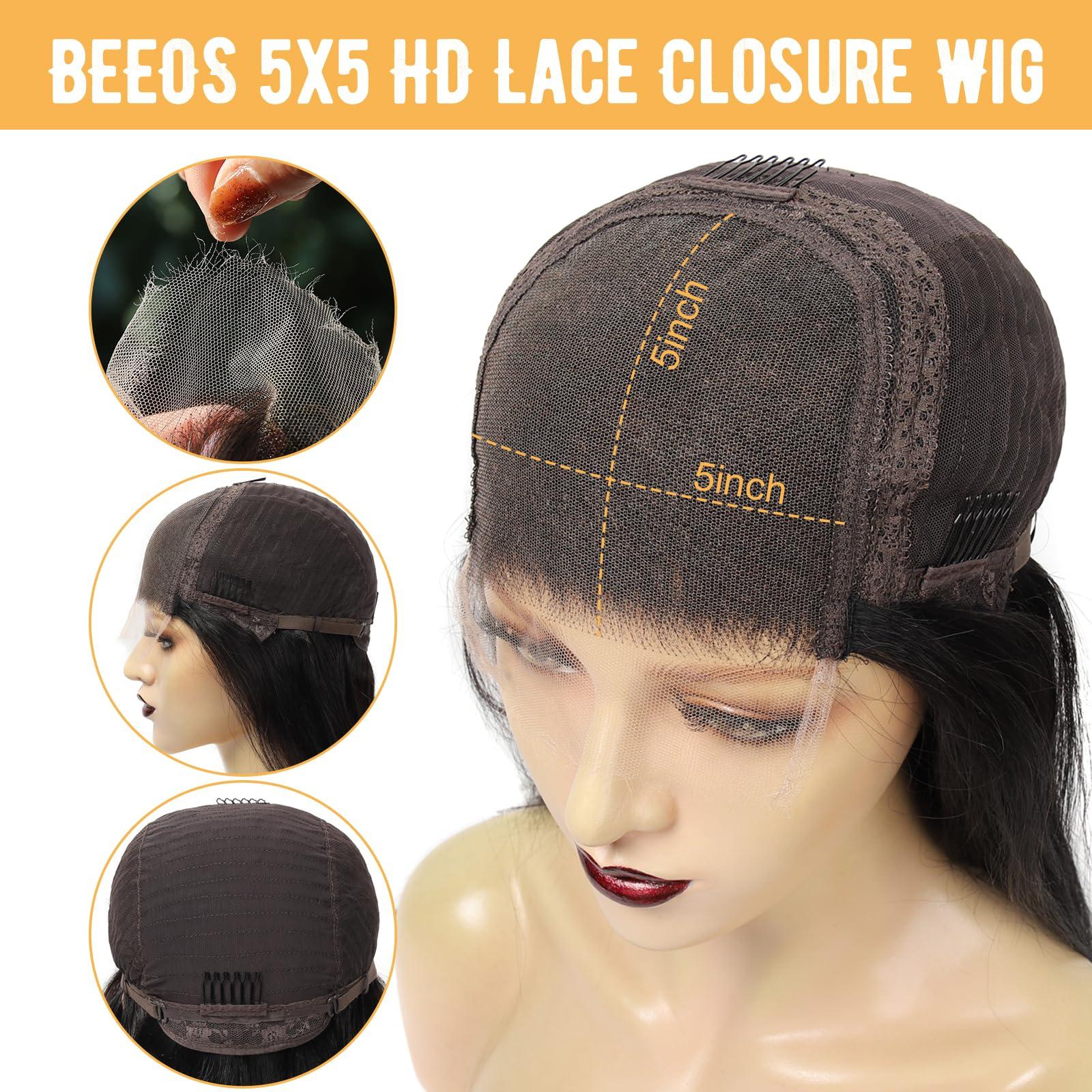 BEEOS BEEOS HD Lace Closure Wig 180% Desnity 5x5 SKINLIKE Real HD Lace Human Hair Body Wave Wig Pre-plucked Vivid Clean Hairline Bleached Knots Natural Color 30 Inch