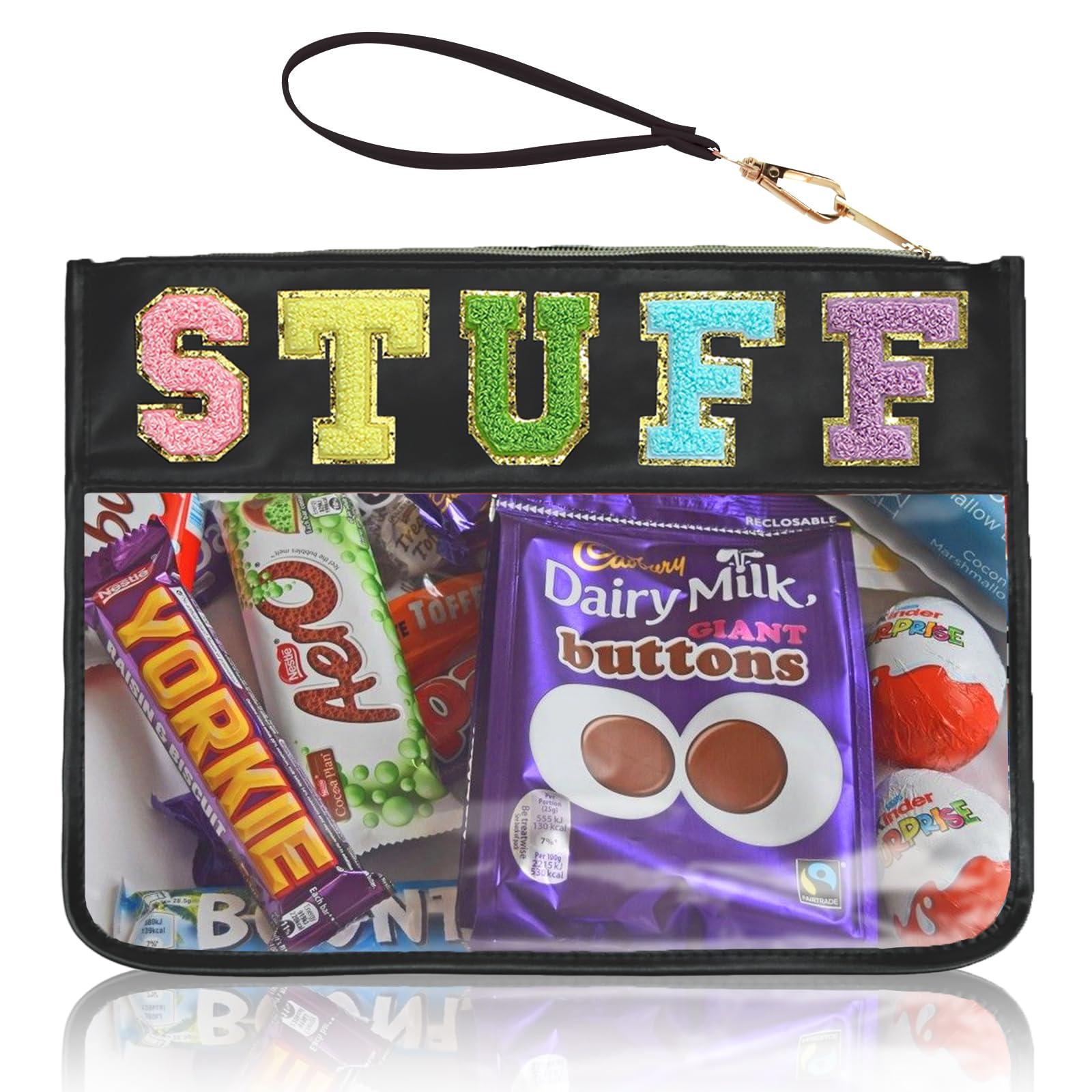 Burskit Burskit Chenille Letter Clear Zipper Pouch for Travel Preppy Stuff Bag Aesthetic Storage Organizer Pouches for Women with Glitter Patch Letters (Black-Stuff)