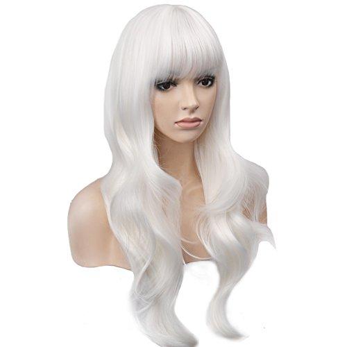 BERON BERON 26 Inches White Wig Long Wavy Wig with Bangs Synthetic Wig Long Wig White Wigs for Daily Party with Wig Cap