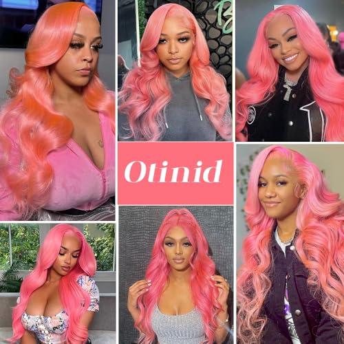 Otinid Pink Lace Front Wig - Human Hair, 13x4 HD Lace Frontal, Pre-Plucked Body Wave, 180% Density, Glueless, 28 Inch