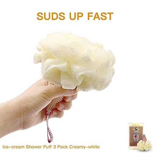 CROVIN CROVIN Ice Cream Bath Sponge Pouf (Set of 3)-Creamy White Soft Mesh Puff Exfoliating Shower Sponge Ball Body Scrubber For Adults, Children