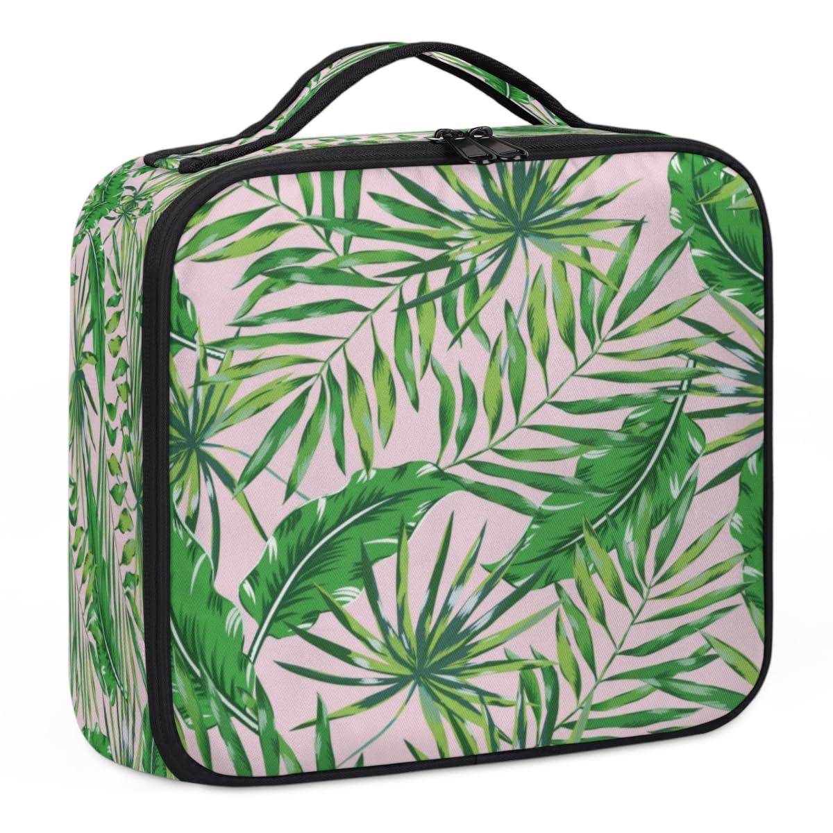 QsirBC QsirBC Makeup Train Case with Adjustable Dividers, Portable Make Up Bag for Women, Toiletry Bag for Men with Waterproof Brush Cover, Palm Tree Leaves Travel Makeup Organizer Makeup Box