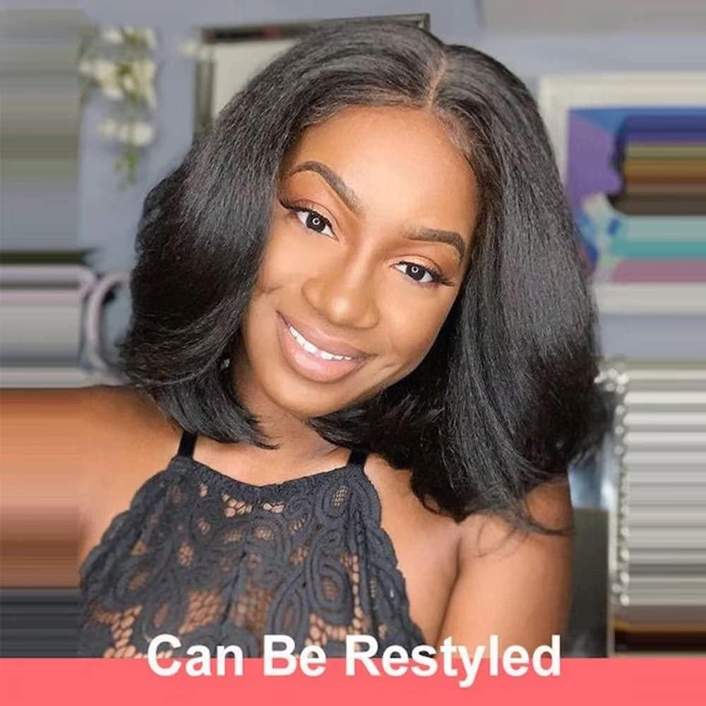 oulaer Brazilain Kinky Straight Human Hair Wigs For Black Women 13x6 Yaki Straight HD Transparent Lace Front Human Hair Wig Glueless Natural Hairline Pre Plucked Short Bob Wig 150% Density 8Inch