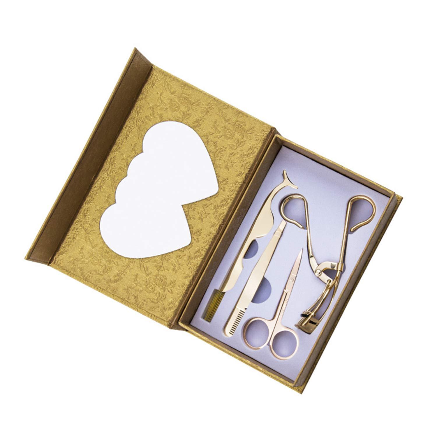 Hawencer Eyelash Curler kit,4 in1Eyelash beauty Set with Eyelash Curle, Eyebrow and Eyelash Extension Tweezers,and Scissors, Eyelash Eyebrow Brush Comb, Silicone Refill Pads and One Box Eyelashes (gold)