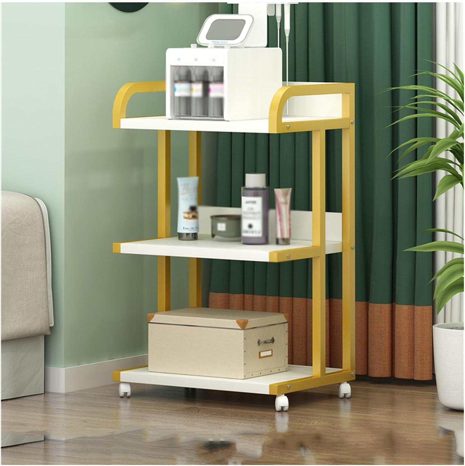 YPDJVLTI YPDJVLTI Salon cart Salon Rolling Cart 3 Tier Steel Salon Trolley Raised Guardrail Trolley Cart W/Wheels Salon Cart for Beauty Spa Storage Cart Portable, Gold