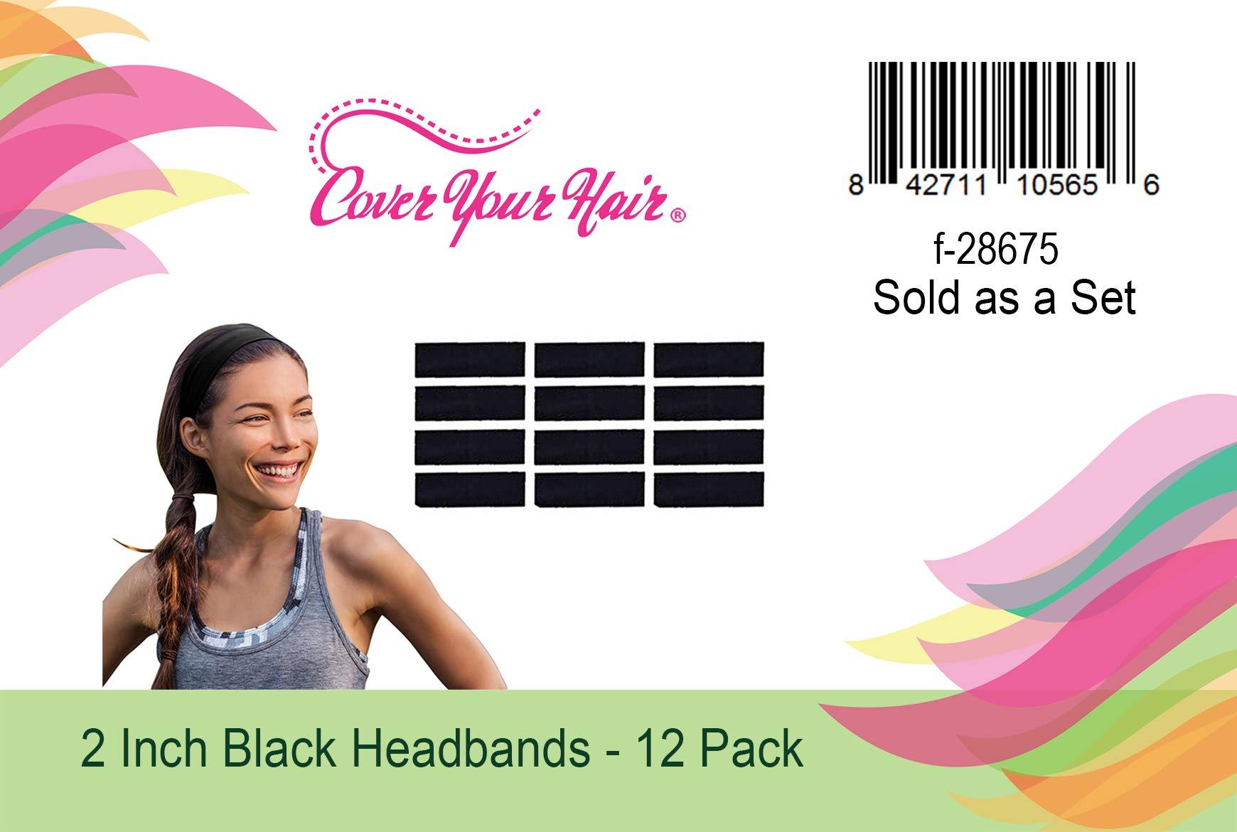 CoverYourHair Stretchy Headbands for Women - Yoga Headbands - Sports Headbands - 2-inch-Wide Black Headband - 12 Pack Cotton Headbands by Coveryourhair