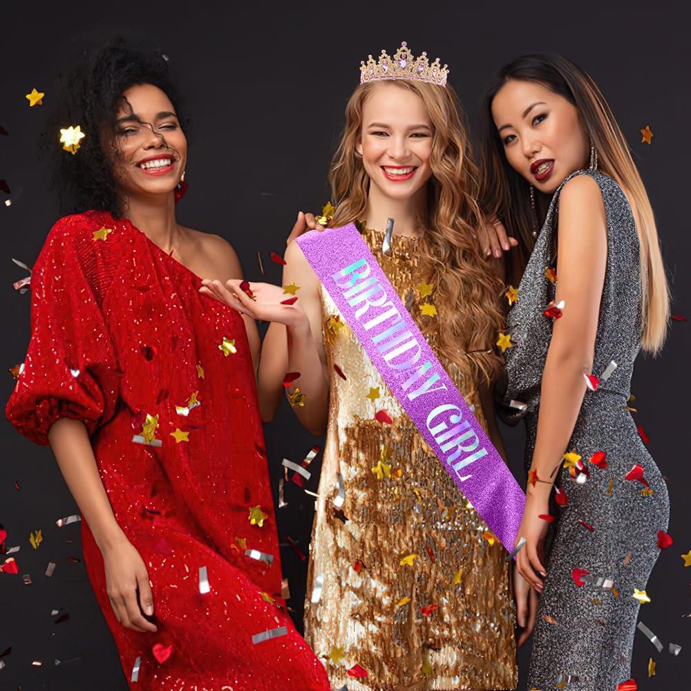 RGHSZ RGHSZ Birthday Crown Headband Birthday Sash Tiaras for Women Princess Crown Adult Birthday Crown and Sash Purple Crown Crystal Crown Headband Adult Purple Tiara Birthday Tiara and Sash, Gold+Purple