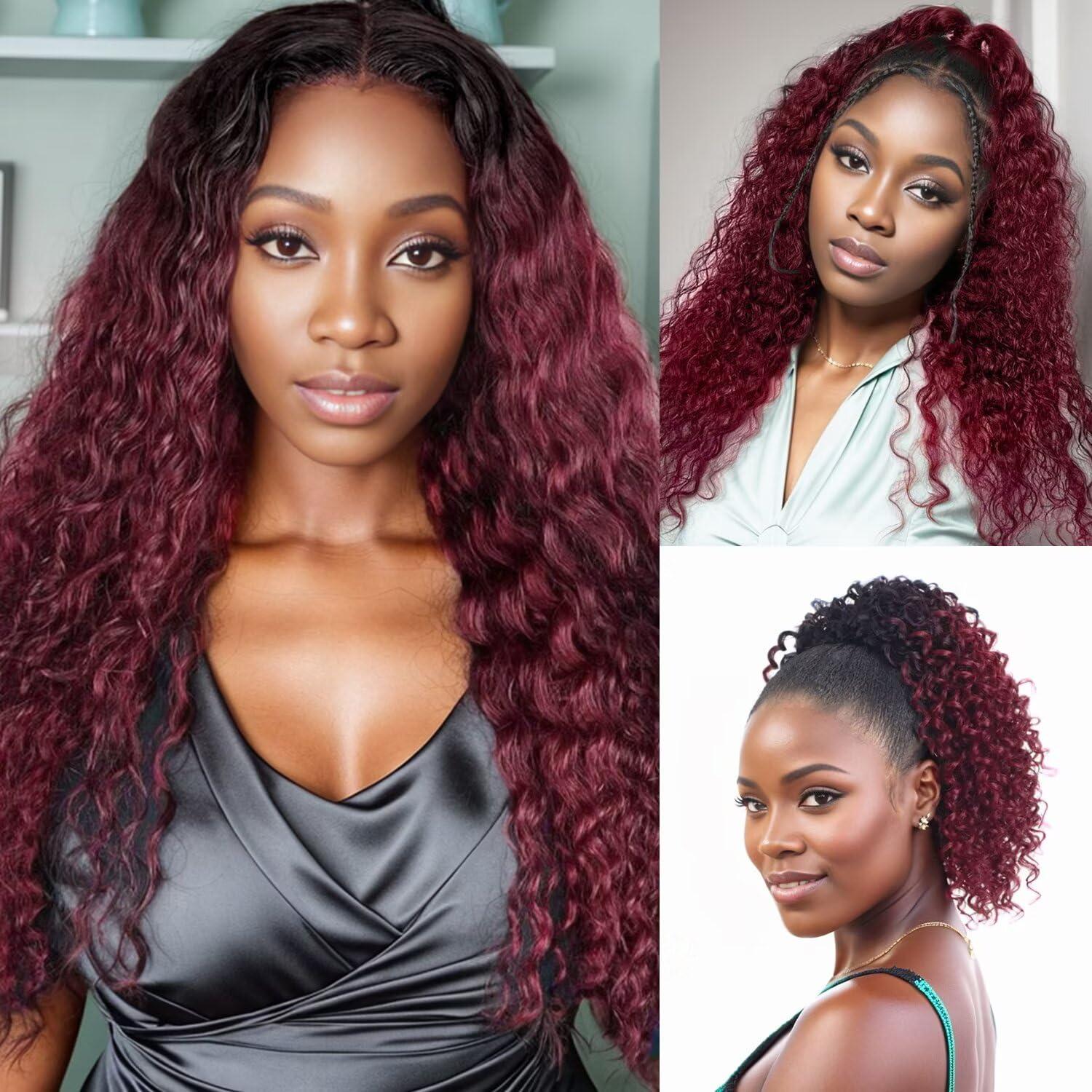 LOLLY HAIR Burgundy Bundles Human Hair 22 Inch T1B/99J Deep Wave Ombre Human Hair Bundles 10A Brazilian Virgin Wet And Wavy Curly Bundles Human Hair Red Water Wave Bundles 2 tone Black to 99J Burgundy