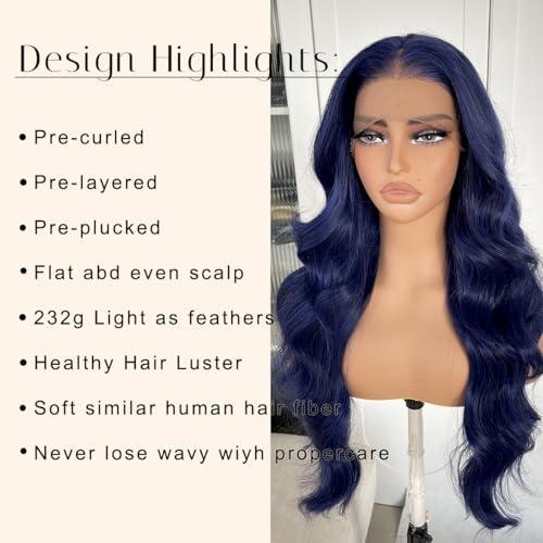 BlackSwern BlackSwern Dark Blue Wig Blue Body Wave Lace Front Wig, Glueless Lace Wig, Pre-plucked Pre-layered Body Wave Wig with Curtain Bangs for Black Women, 24